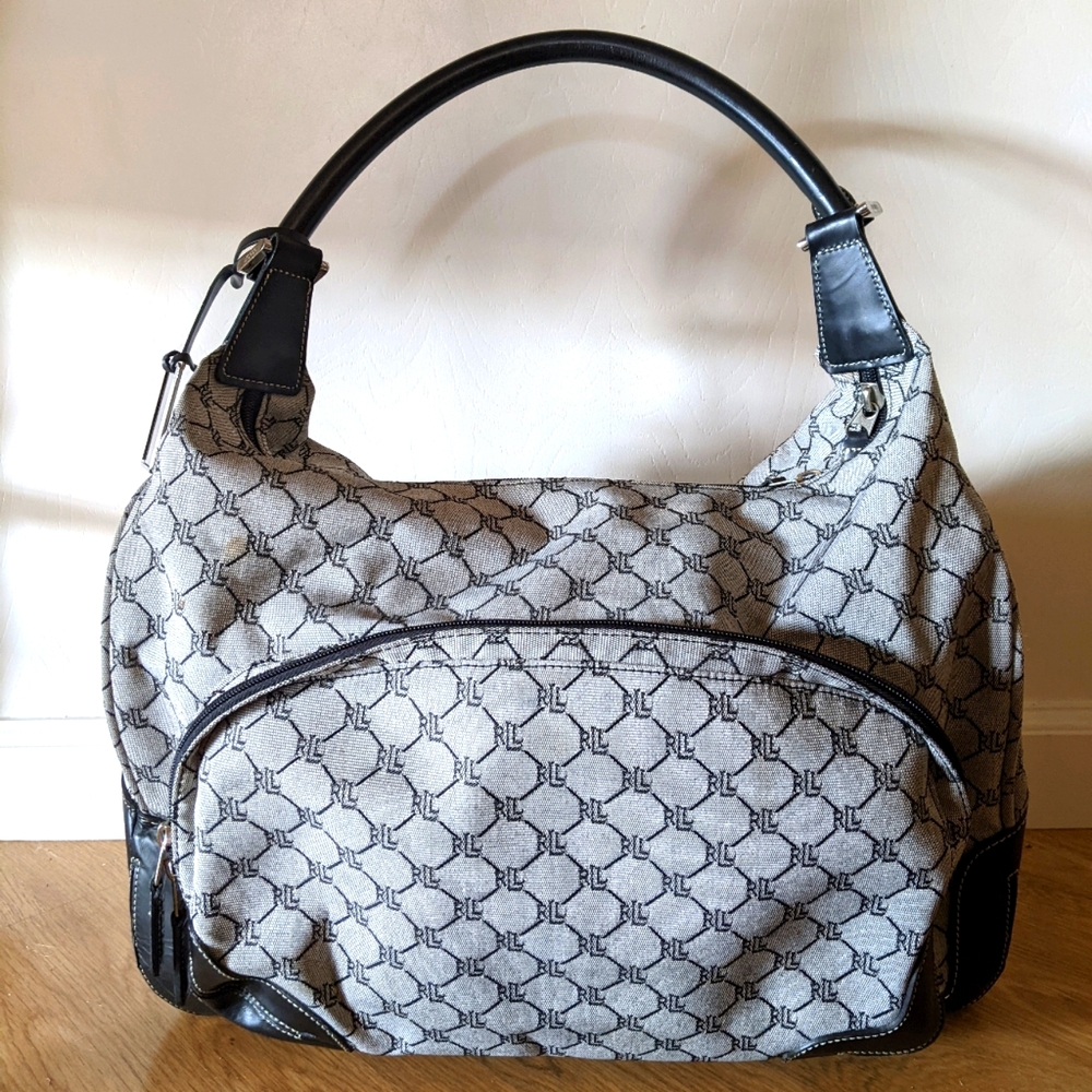 Ralph Lauren Grey / Black Canvas Satchel Tote Luggage